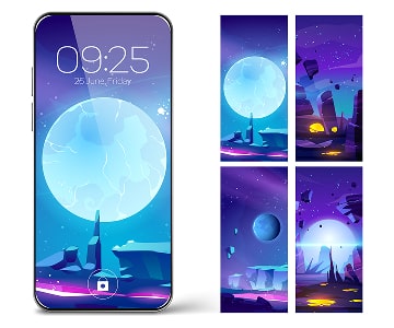 Space-themed digital illustrations and phone screen design