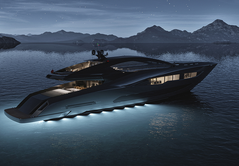 Modern luxury yacht sailing on calm water near mountainous coastline